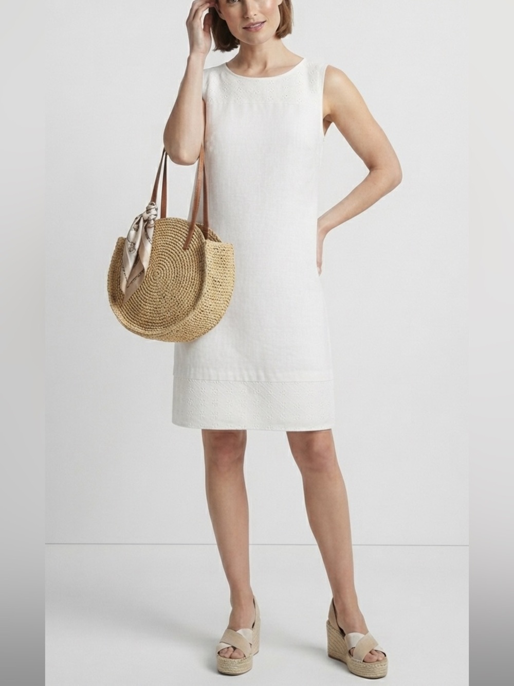 Dana Buchman White Linen Blend Eyelet Shift Dress Size 10